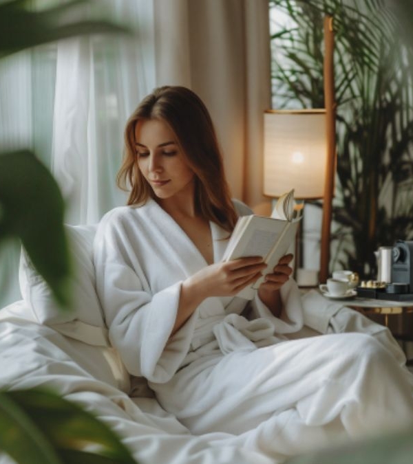 Ambiance JVD chambre d'hôtel avec une femme qui lit un livre