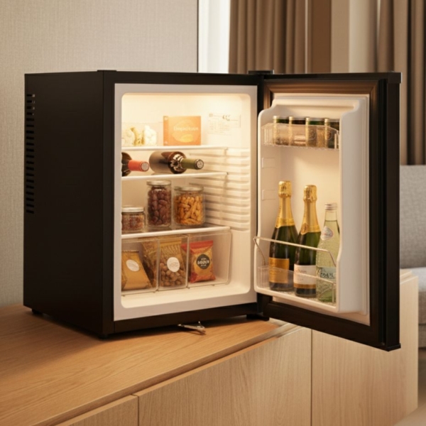 Minibar termoabsorbente TA 40 L con puerta opaca, lleno de bebidas y productos premium, en una habitación de hotel elegante y moderna.