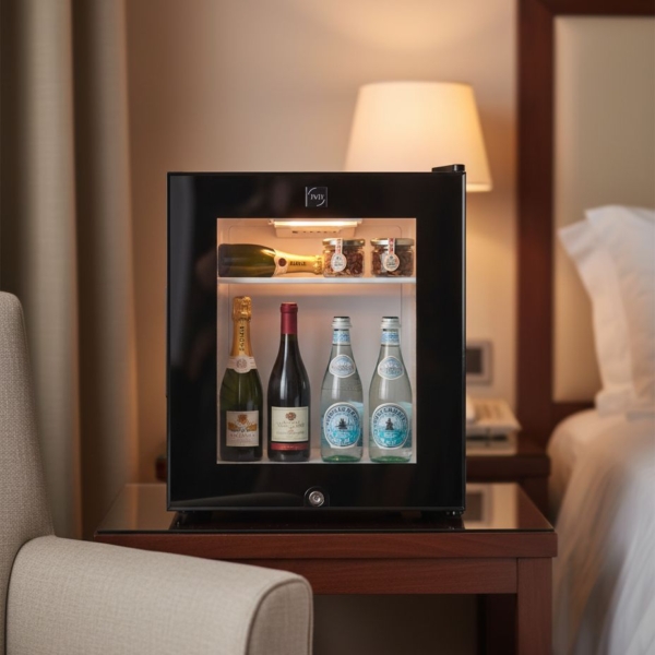 Minibar termoabsorbente TA 30 L con puerta de cristal, lleno de bebidas y productos premium, en una habitación de hotel elegante y bien iluminada.
