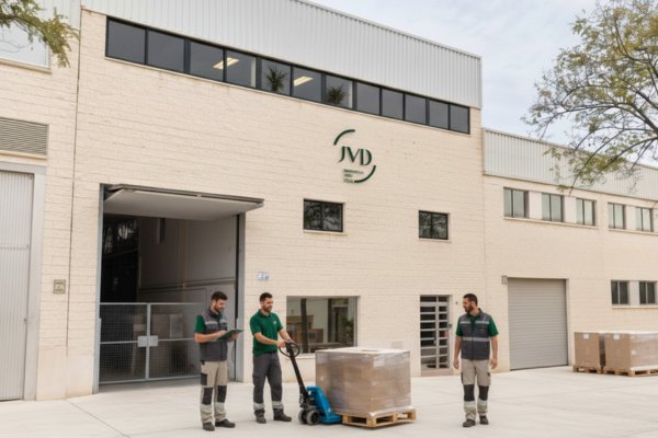 Fachada de la sede de JVD España en Elche, con personal preparando un envío en el área de carga.