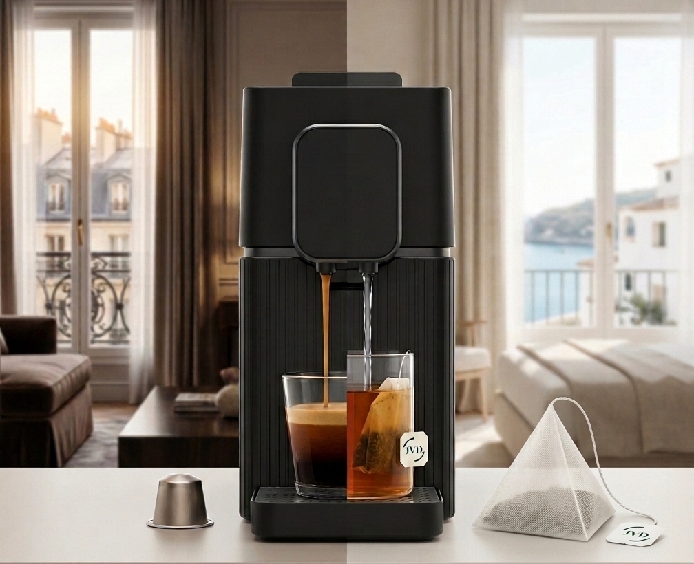 Cafetera y hervidor 2 en 1 DYOS en una habitación de hotel de lujo